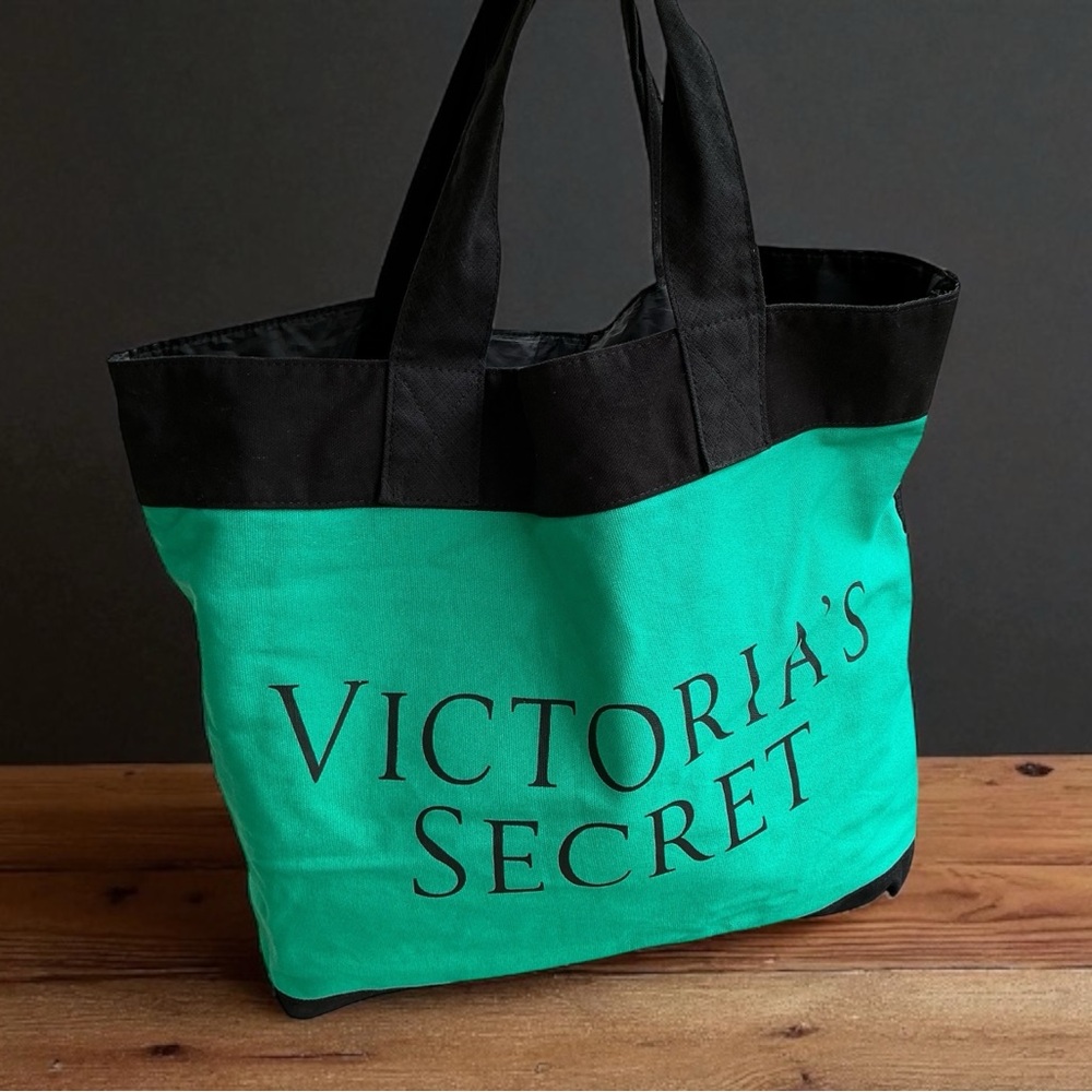 Victoria’s Secret Navy Blue Green Canvas Tote Bag Large Travel Beach Carryall